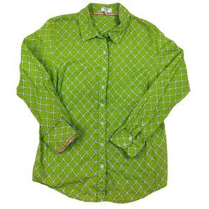 Crown & Ivy Sz S Green White Geometric Button Up Shirt 100% Cotton Long Sleeve